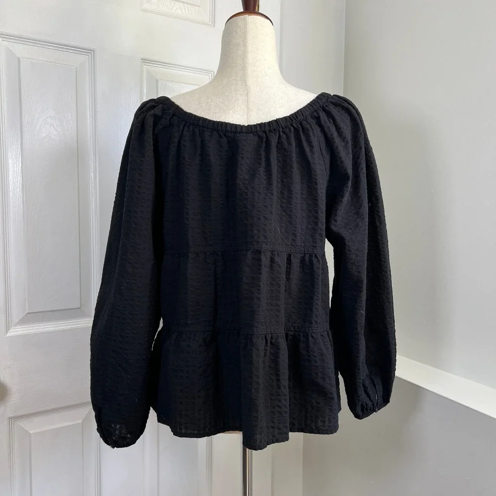Old Navy Black Tiered Peasant Blouse Puff Sleeve Cottagecore Top Boho Size L